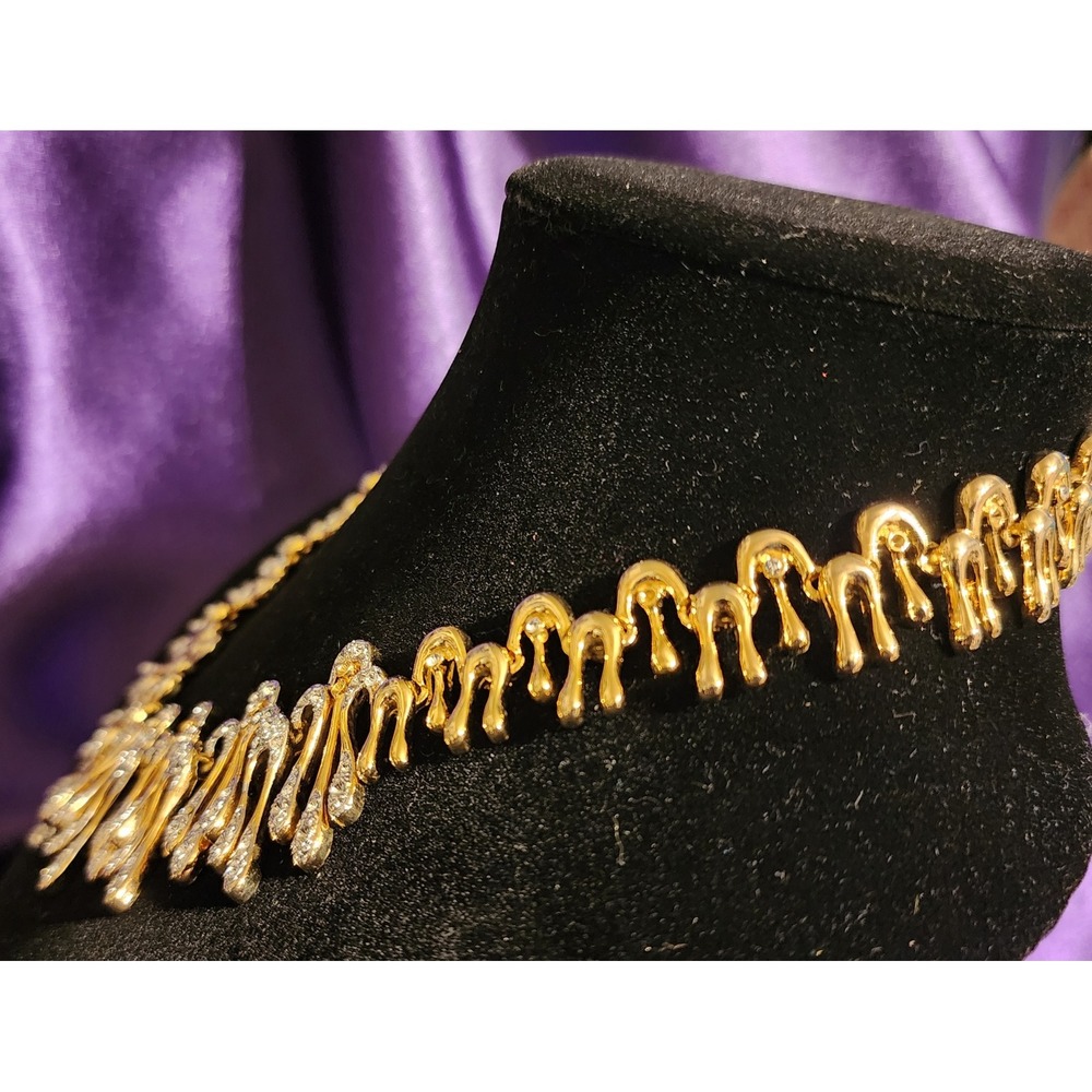 VTG Gold Tone Melted Drip Statement Heavy Necklace and Earrings Rhinestone Set - Picture 10 of 12